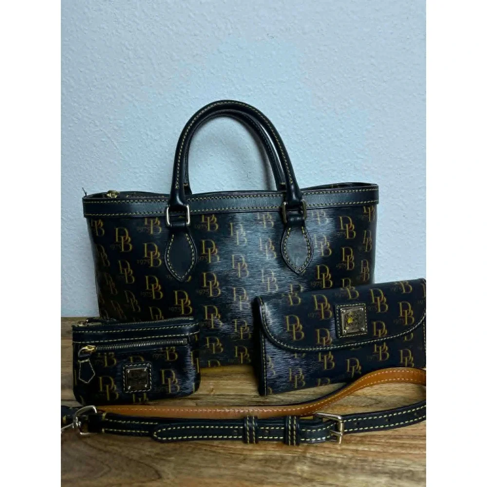 Dooney & Bourke Black Monogram 1975 Satchel with Matching Wallet & Coin Pouch